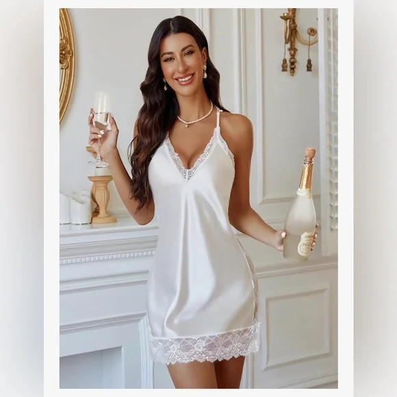 White Satin Lace Chemise Wedding Lingerie Size M - Picture 6 of 6